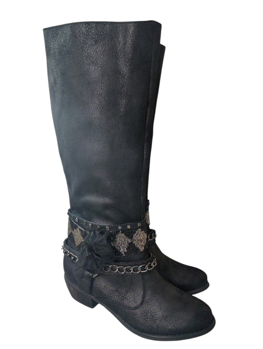 Not Rated Black Knee-High Boots Beaded And Chain Cuff Accent Size 8